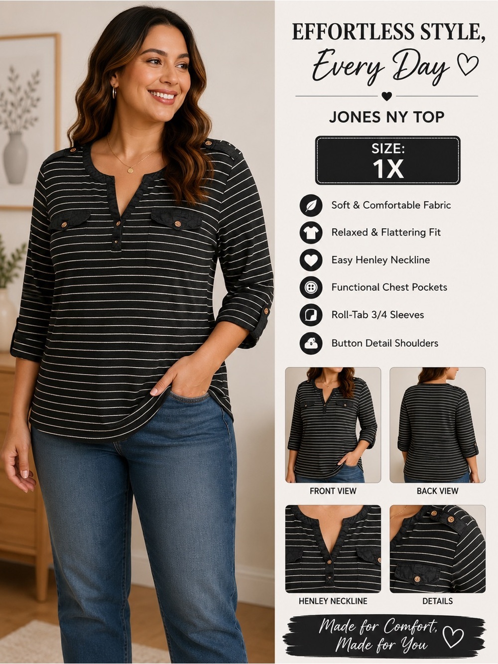 Jones New York Black and White Striped Henley Long Sleeve Top 1X